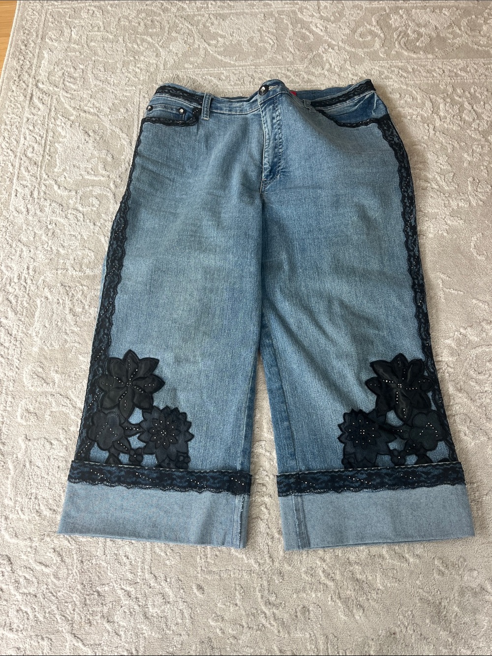 V Christina Wide Cuff Cropped Jeans with Black Lace & Floral Appliqué